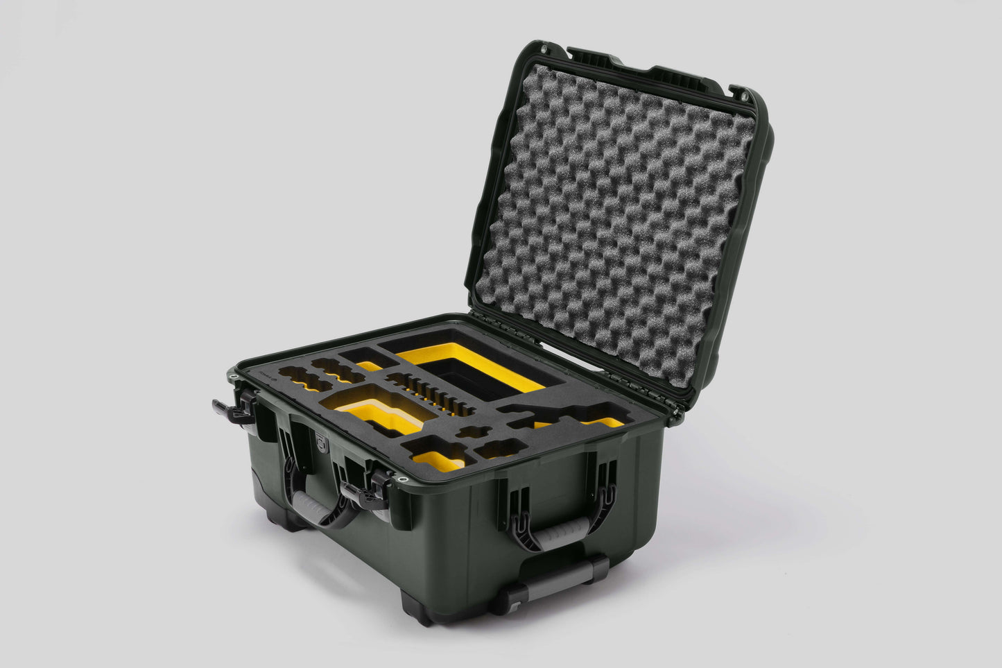Angled view of Sony FX3 Olive Color Studio Case and Custom Foam Insert with a Yellow Layer