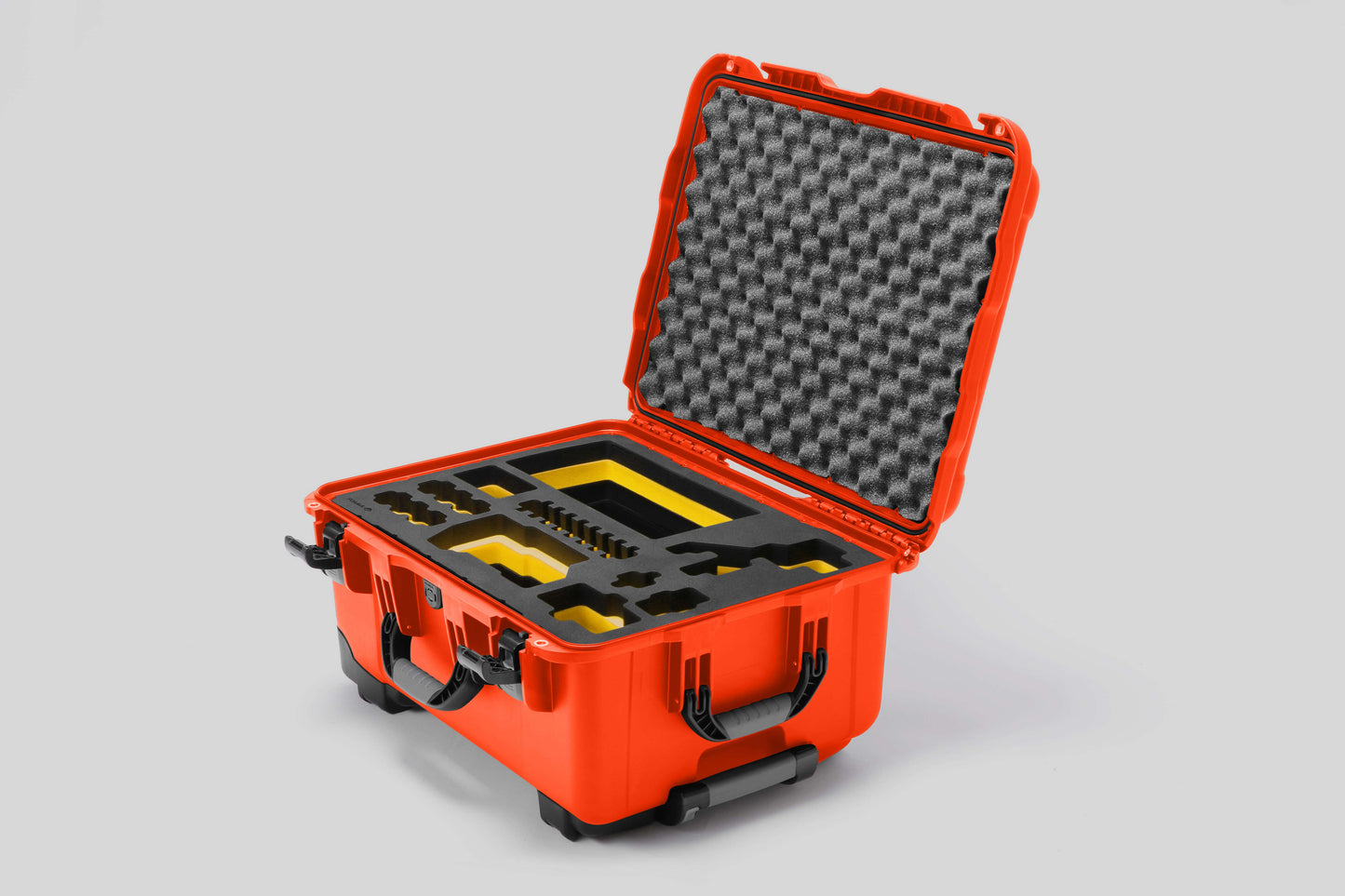 Angled view of Sony FX3 Orange Color Studio Case and Custom Foam Insert with a Yellow Layer