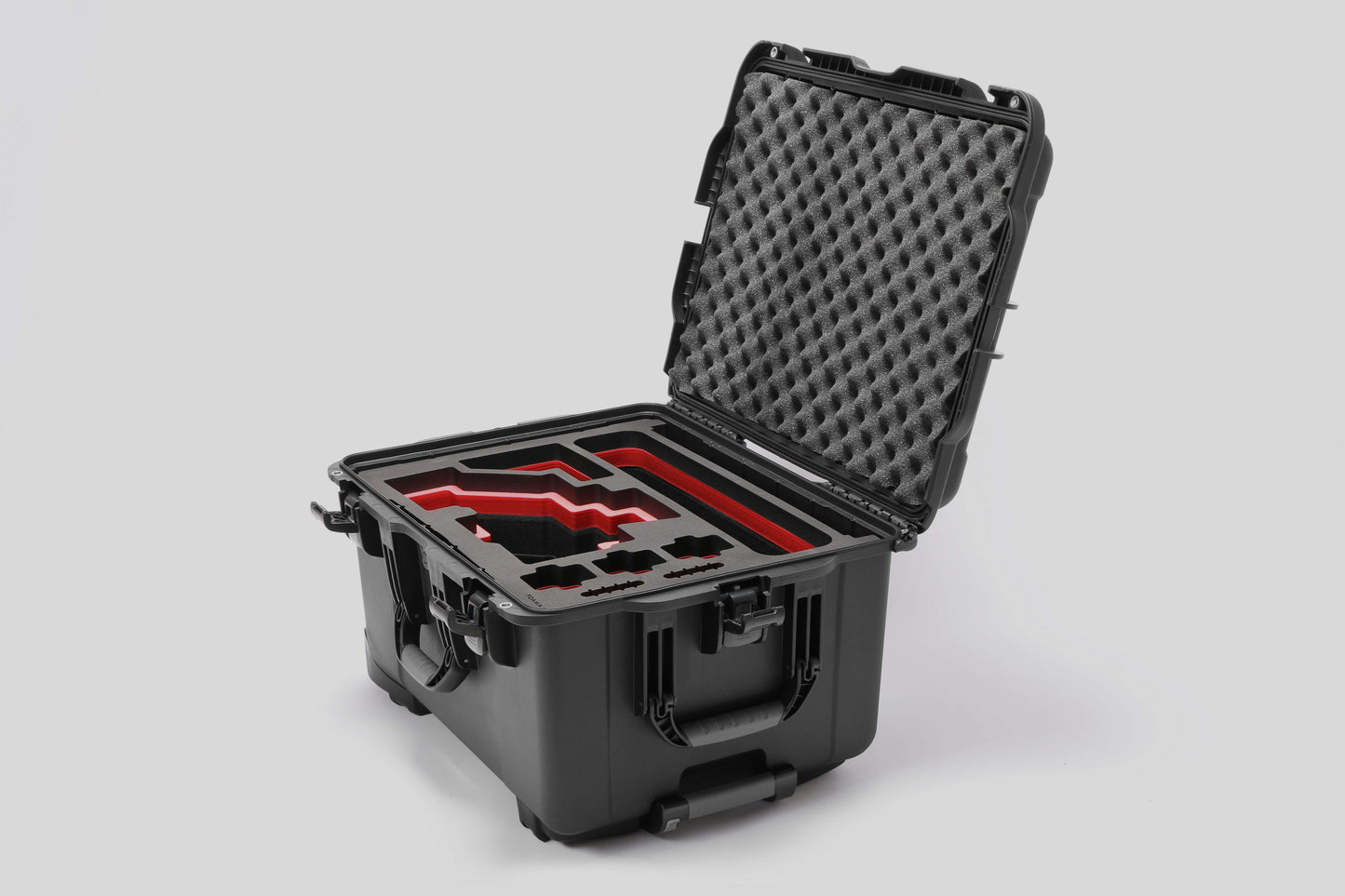 Angled view of Sony FX6 Black Color Studio Case and Custom Foam Insert with a Red Layer