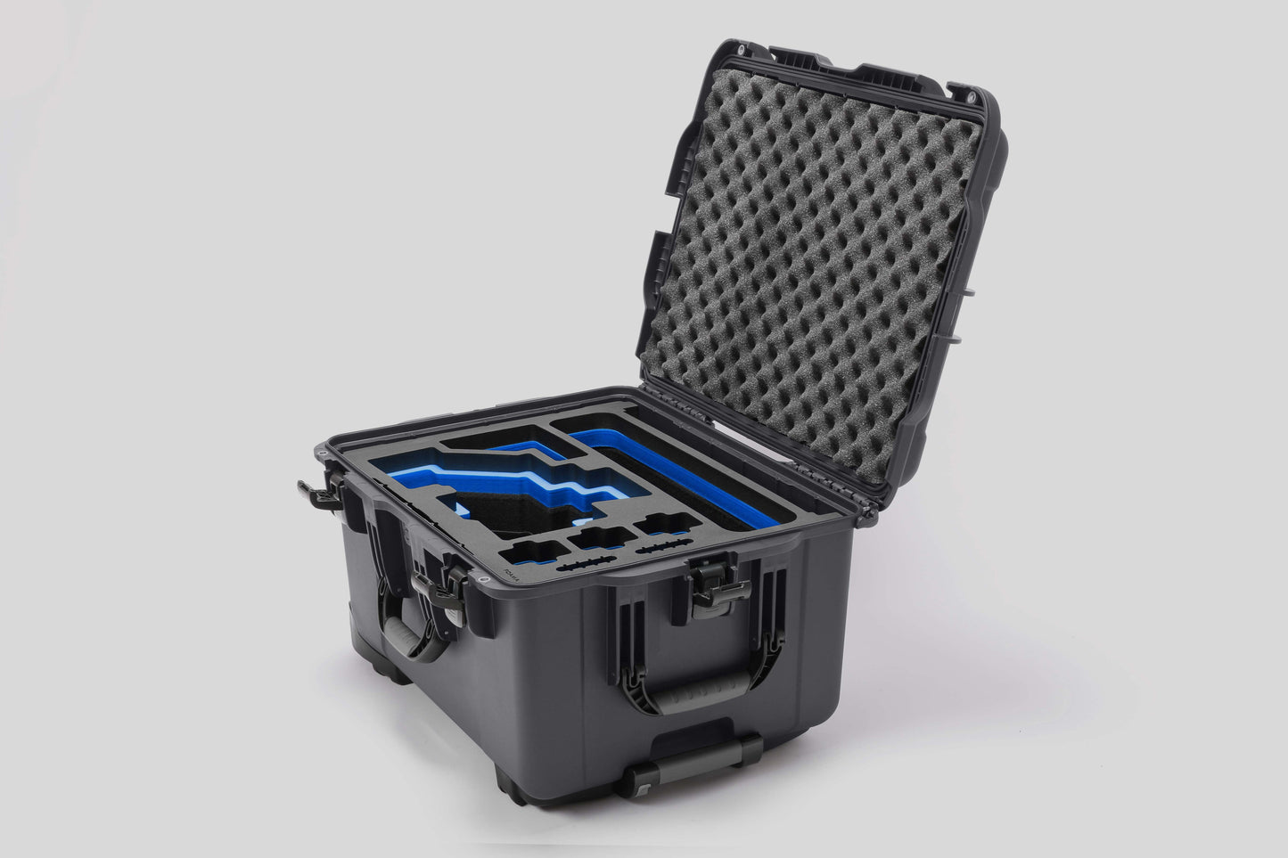 Angled view of Sony FX6 Graphite Color Studio Case and Custom Foam Insert with a Blue Layer