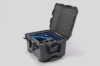 Angled view of Sony FX6 Graphite Color Studio Case and Custom Foam Insert with a Blue Layer