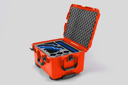 Angled view of Sony FX6 Orange Color Studio Case and Custom Foam Insert with a Blue Layer