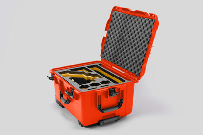 Angled view of Sony FX6 Orange Color Studio Case and Custom Foam Insert with a Yellow Layer