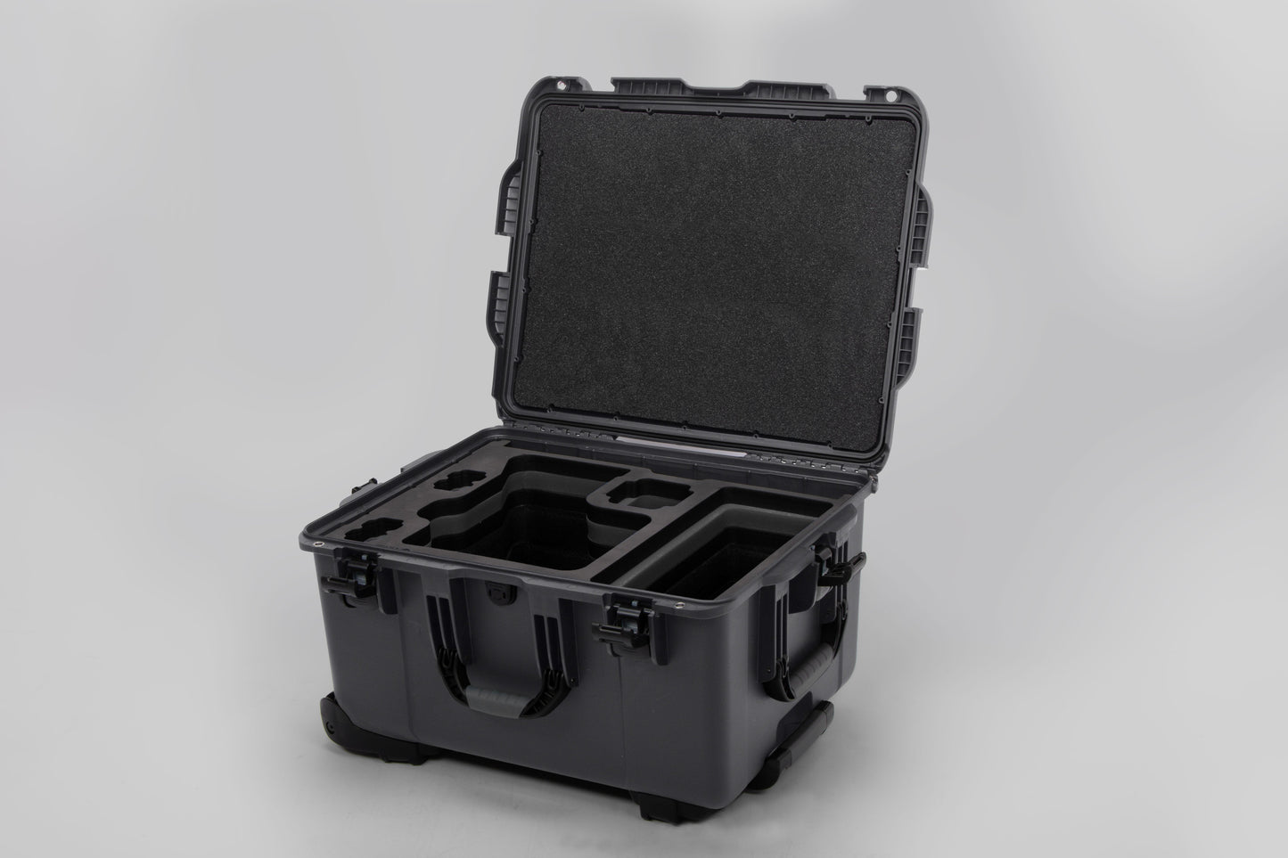 Angle view of Graphite Color Sony Venice 2 Studio Case with Black Layer Custom Foam Insert