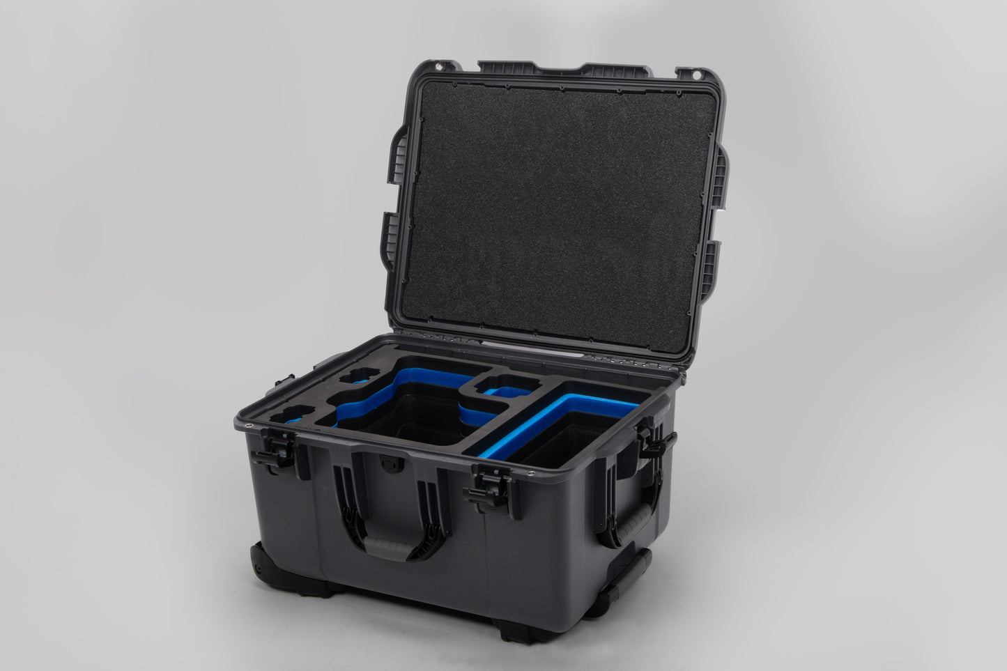 Angle view of Graphite Color Sony Venice 2 Studio Case with Blue Layer Custom Foam Insert