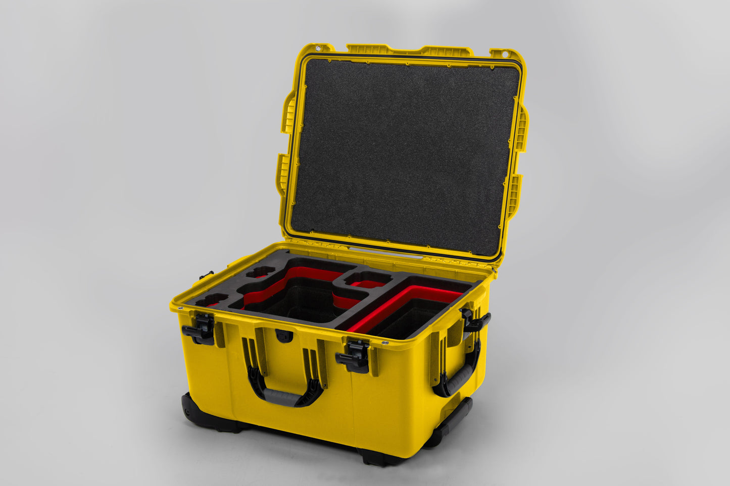 Angle view of Yellow Color Sony Venice 2 Studio Case with Red Layer Custom Foam Insert