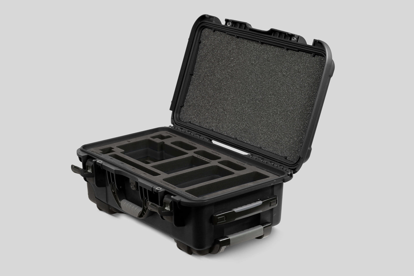Angle view of Black Color ARRI HI-5 Carry-On Case with Black Layer Custom Foam Insert