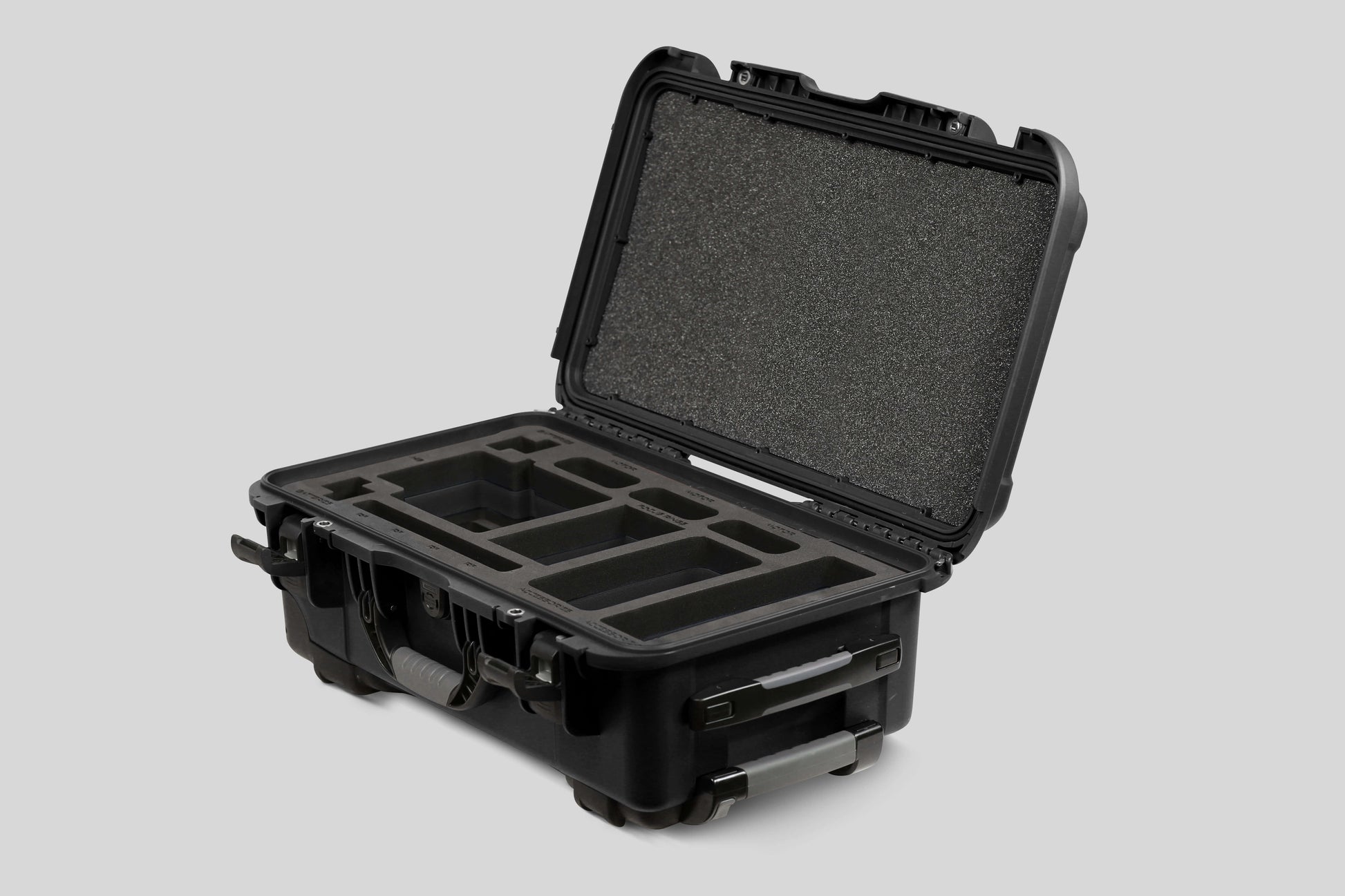 Angle view of Black Color ARRI HI-5 Carry-On Case with Black Layer Custom Foam Insert