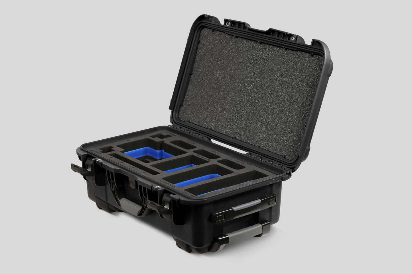 Angle view of Black Color ARRI HI-5 Carry-On Case with Blue Layer Custom Foam Insert