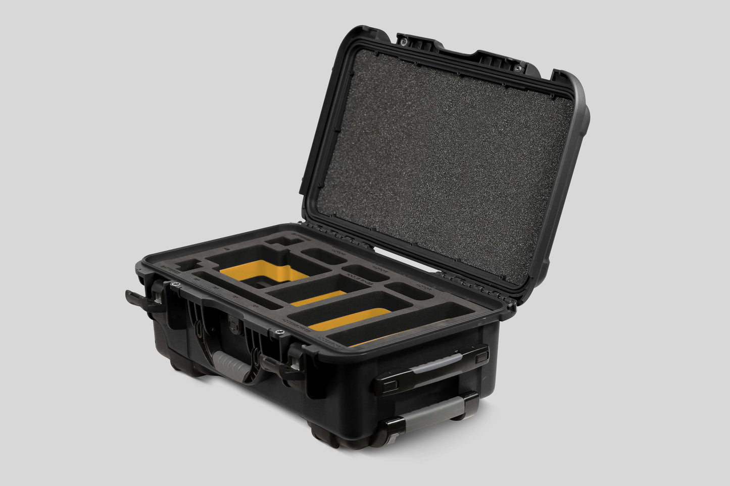 Angle view of Black Color ARRI HI-5 Carry-On Case with Yellow Layer Custom Foam Insert