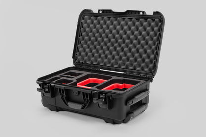 Angle view of Black Color Canon C400 Camera Carry-on Case and Red Layer Custom Foam Insert