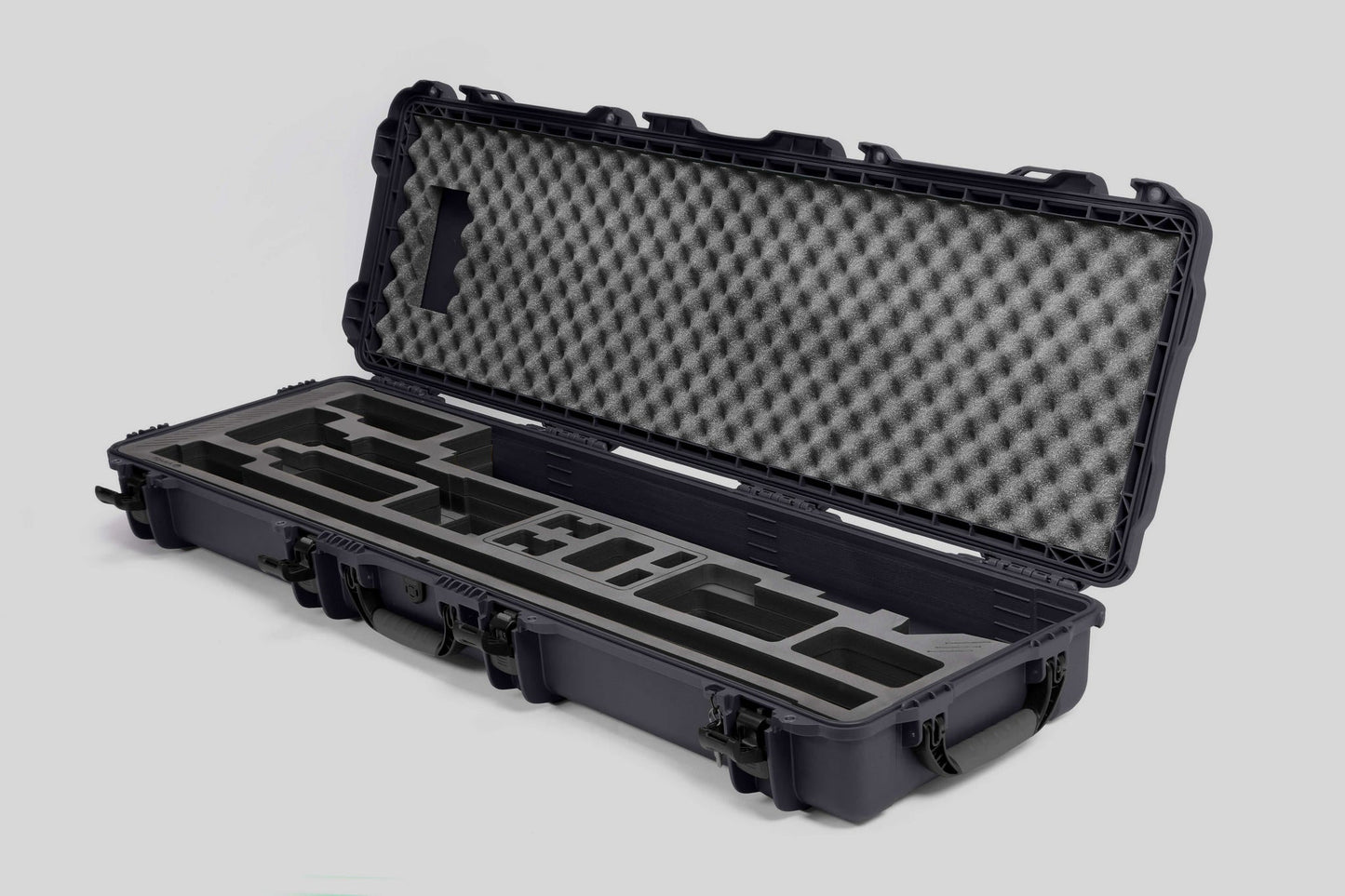 Angled view of Foama Fortified Graphite Color Hard Case and Black Custom Foam Insert for DJI D-RTK 2 Mobile Station