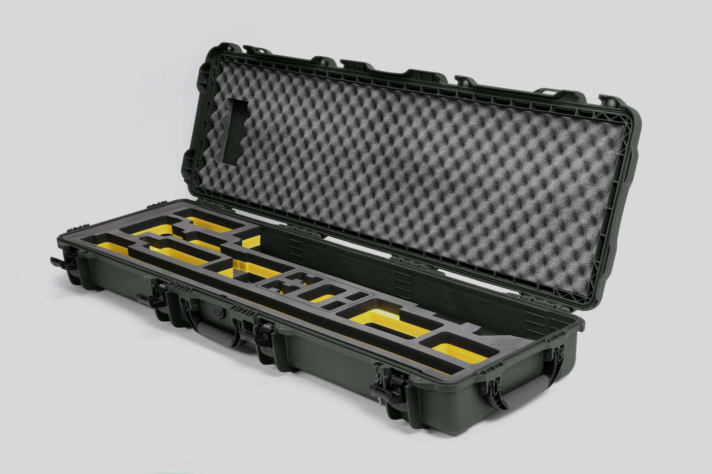Angled view of Foama Fortified Olive Color Hard Case and Custom Foam Insert with Yellow Layer for DJI D-RTK 2 Mobile Station