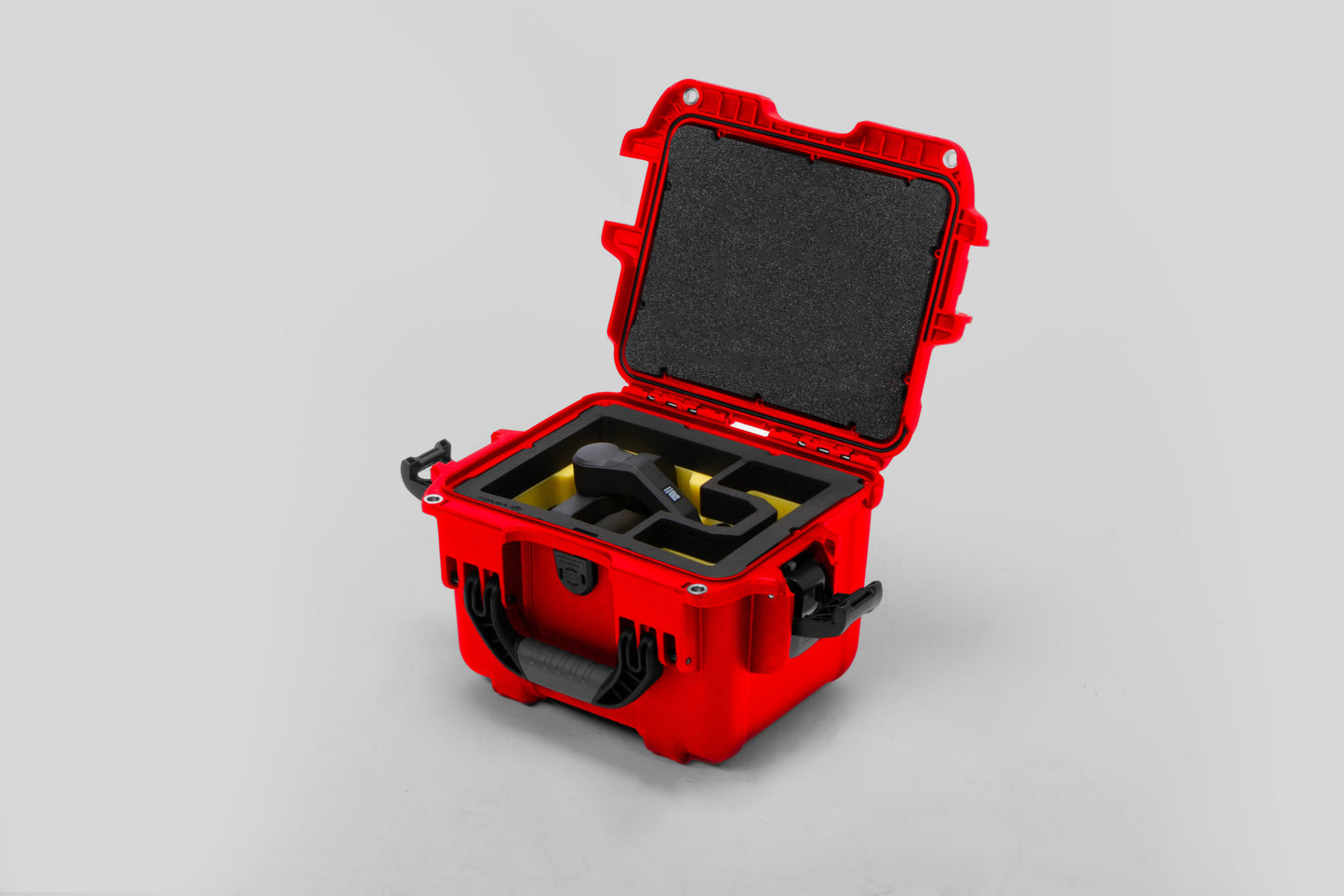 Angle view of Red Color DJI Zenmuse H30T Carry-On Case with Yellow Layer Custom Foam Insert