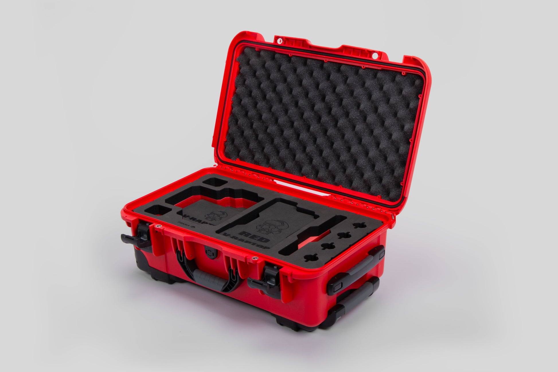 Angle view of Red Color RED V Raptor Carry-On Case with Red Layer Custom Foam Insert