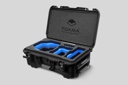 Angled view of Foama Black Color Carry-on case and Custom Foam Insert with Blue Layer for RED Komodo-X
