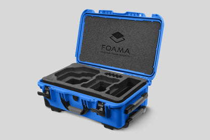 Angled view of Foama Blue Color Carry-on case and Custom Foam Insert for RED Komodo-X