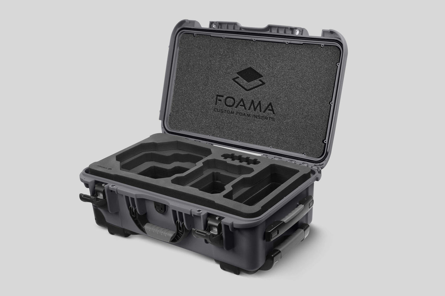 Angled view of Foama Graphite Color Carry-on case and Custom Foam Insert for RED Komodo-X