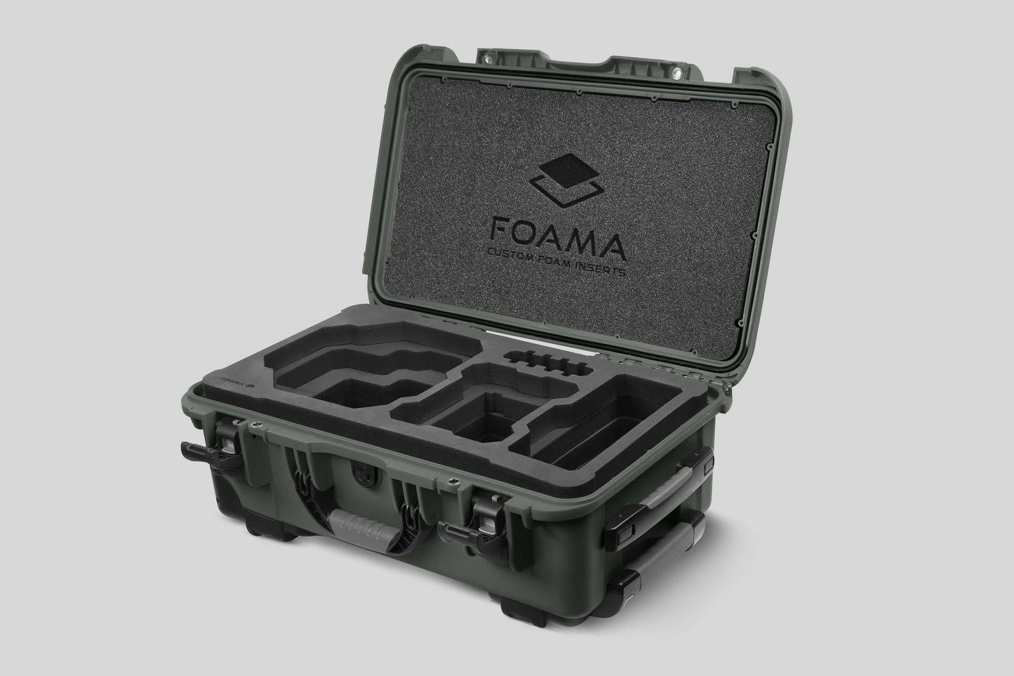 Angled view of Foama Olive Color Carry-on case and Custom Foam Insert for RED Komodo-X