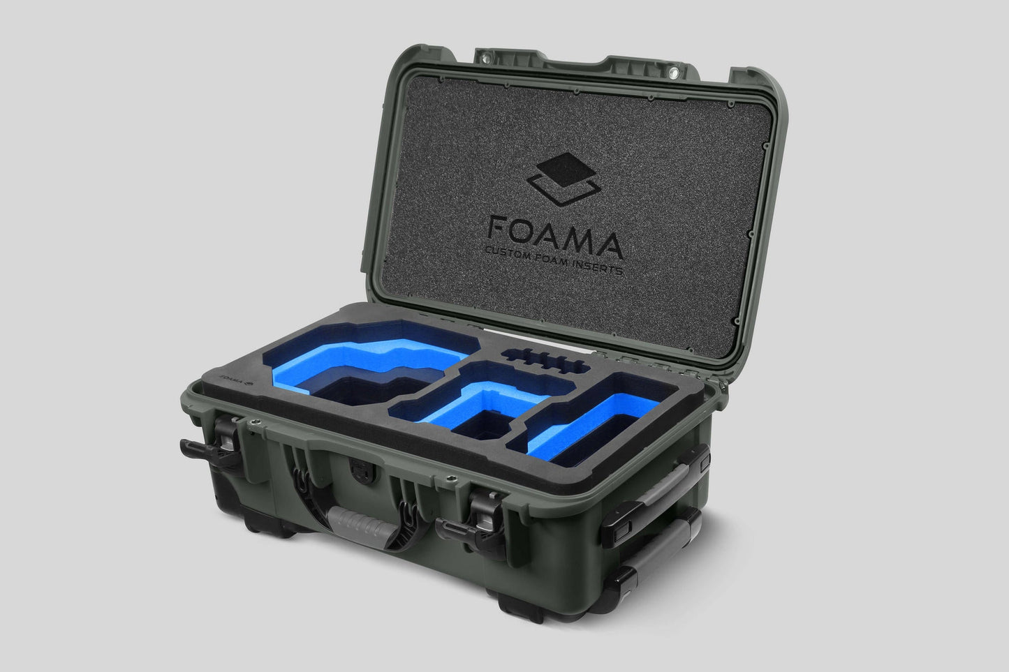 Angled view of Foama Olive Color Carry-on case and Custom Foam Insert with Blue Layer for RED Komodo-X