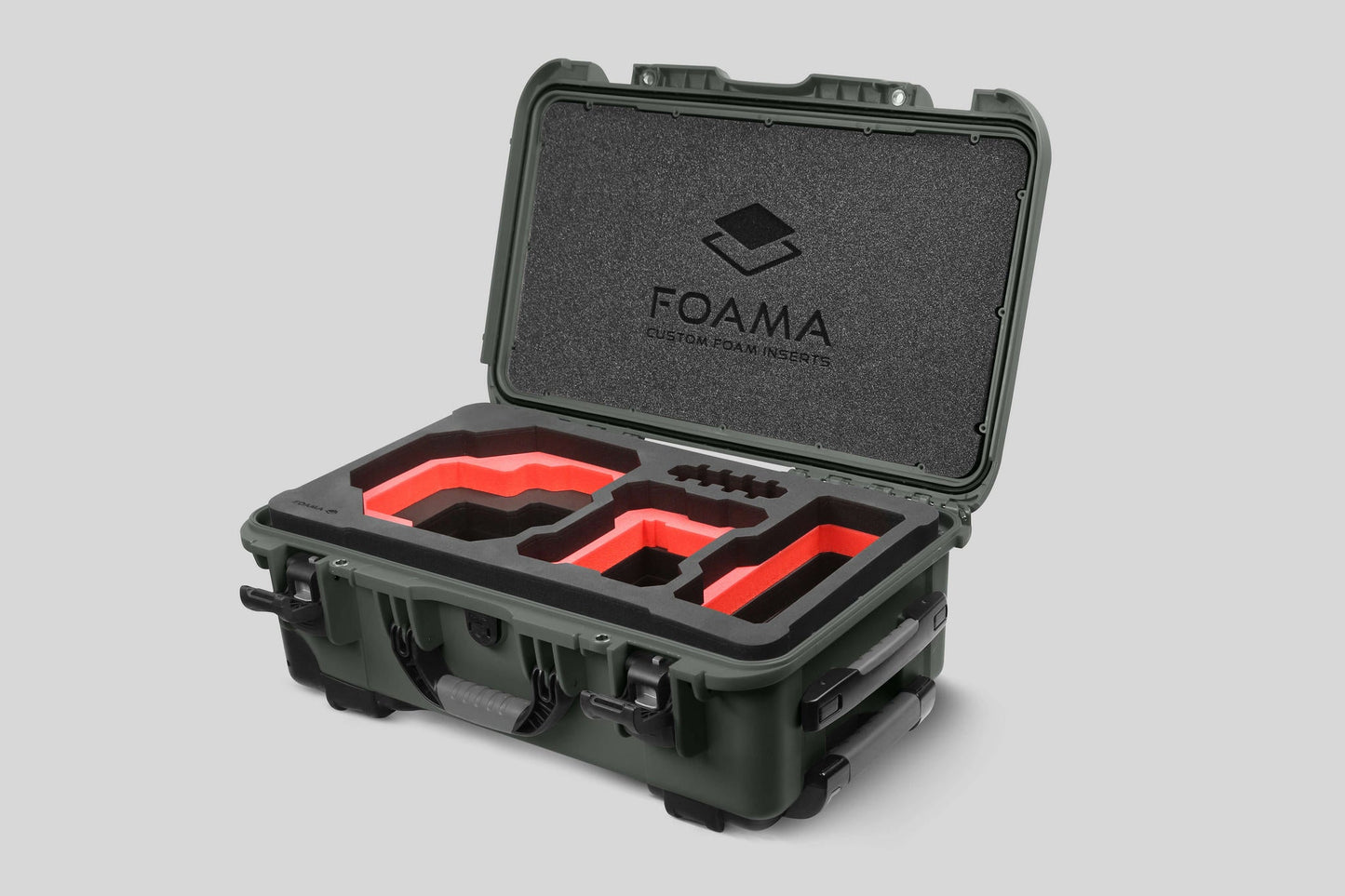 Angled view of Foama Olive Color Carry-on case and Custom Foam Insert with Red Layer for RED Komodo-X