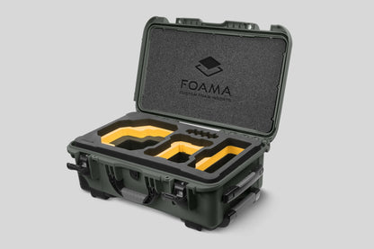 Angled view of Foama Olive Color Carry-on case and Custom Foam Insert with Yellow Layer for RED Komodo-X