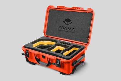 Angled view of Foama Orange Color Carry-on case and Custom Foam Insert with Yellow Layer for RED Komodo-X