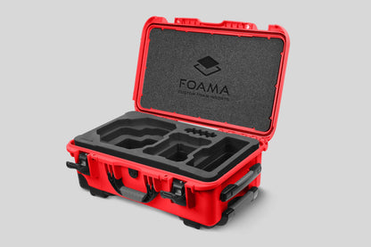 Angled view of Foama Red Color Carry-on case and Custom Foam Insert for RED Komodo-X