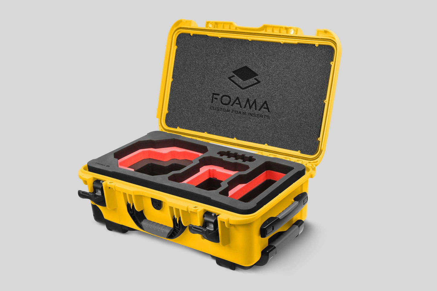 Angled view of Foama Yellow Color Carry-on case and Custom Foam Insert with Red Layer for RED Komodo-X