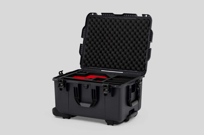 Angle view of Graphite Color Sony Burano Heavy Duty Roller Case and Custom Foam Insert with Red Layer for Burano Camera And Accessories
