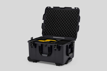 Angle view of Graphite Color Sony Burano Heavy Duty Roller Case and Custom Foam Insert with Yellow Layer for Burano Camera And Accessories