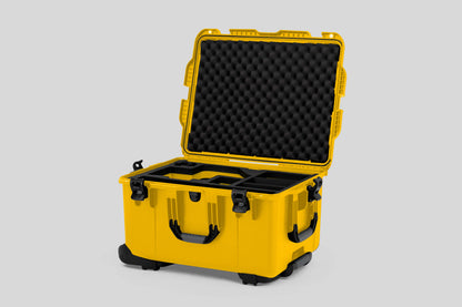 Angle view of Yellow Color Sony Burano Heavy Duty Roller Case and Custom Foam Insert with Yellow Layer for Burano Camera And Accessories