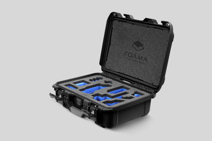 Angled view of Foama Black Color Carry-on case and Custom Foam Insert with Blue Layer for Sony FX-3