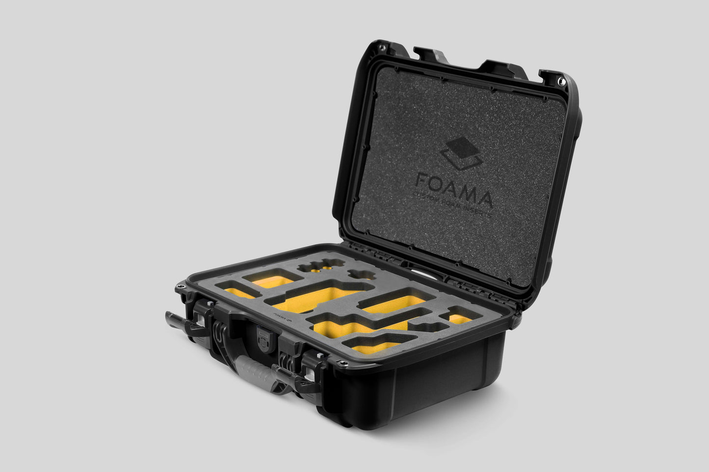 Angled view of Foama Black Color Carry-on case and Custom Foam Insert with Yellow Layer for Sony FX-3
