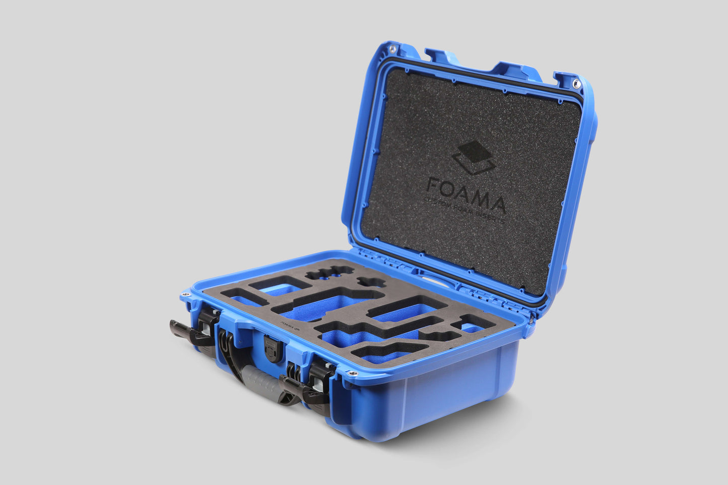 Angled view of Foama Blue Color Carry-on case and Custom Foam Insert with Blue Layer for Sony FX-3