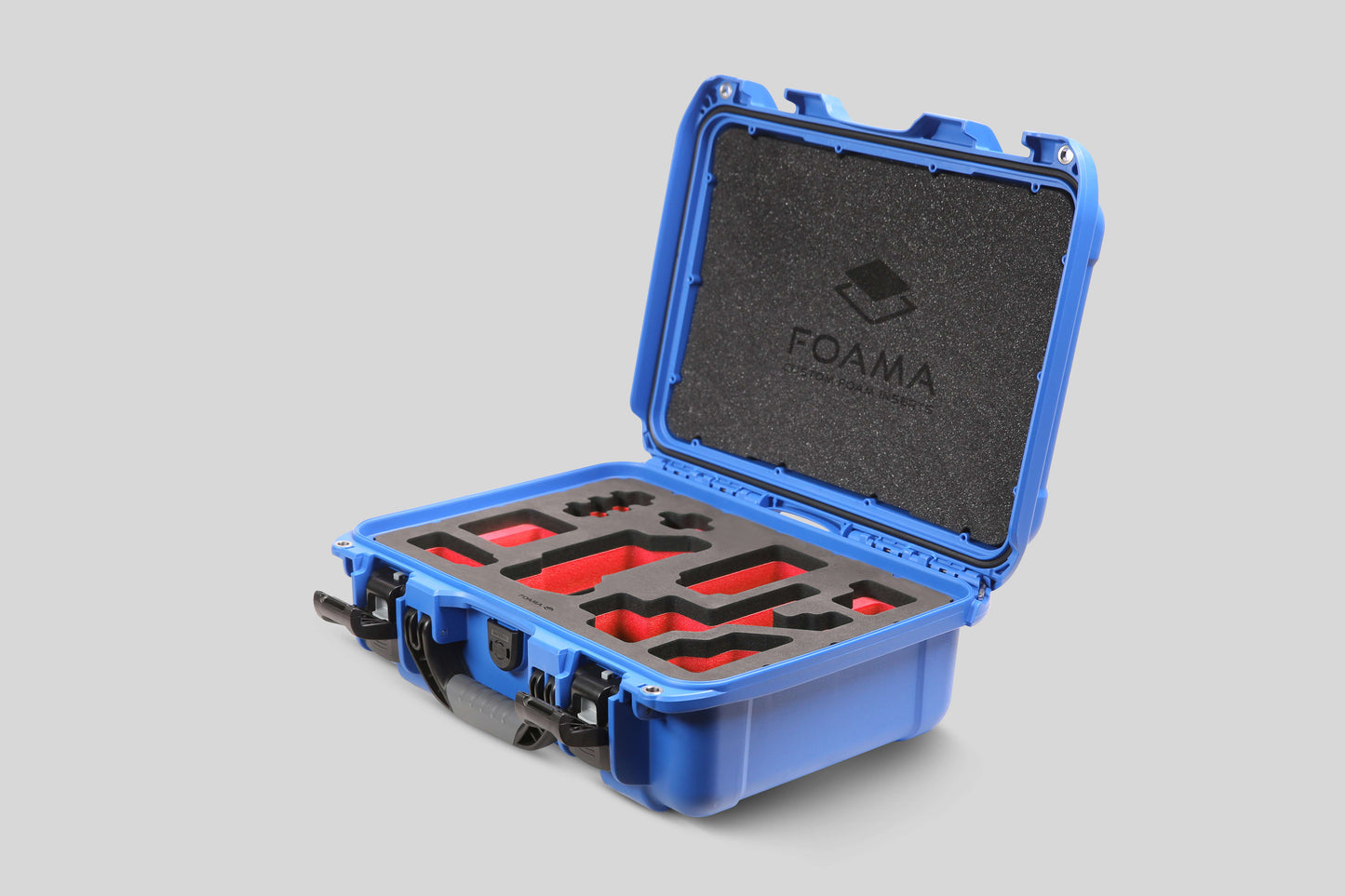 Angled view of Foama Blue Color Carry-on case and Custom Foam Insert with Red Layer for Sony FX-3
