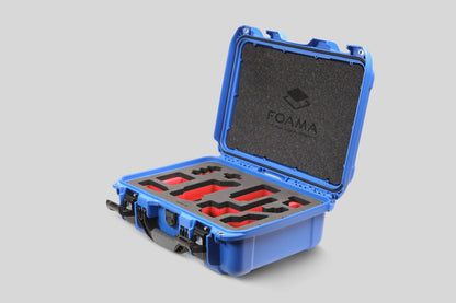 Angled view of Foama Blue Color Carry-on case and Custom Foam Insert with Red Layer for Sony FX-3