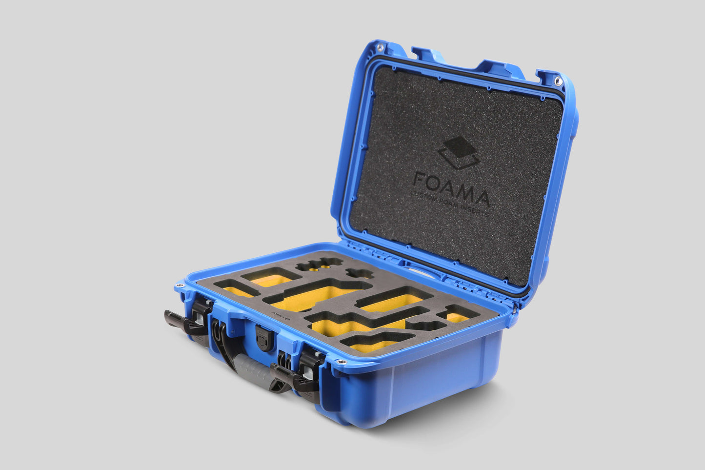 Angled view of Foama Blue Color Carry-on case and Custom Foam Insert with Yellow Layer for Sony FX-3