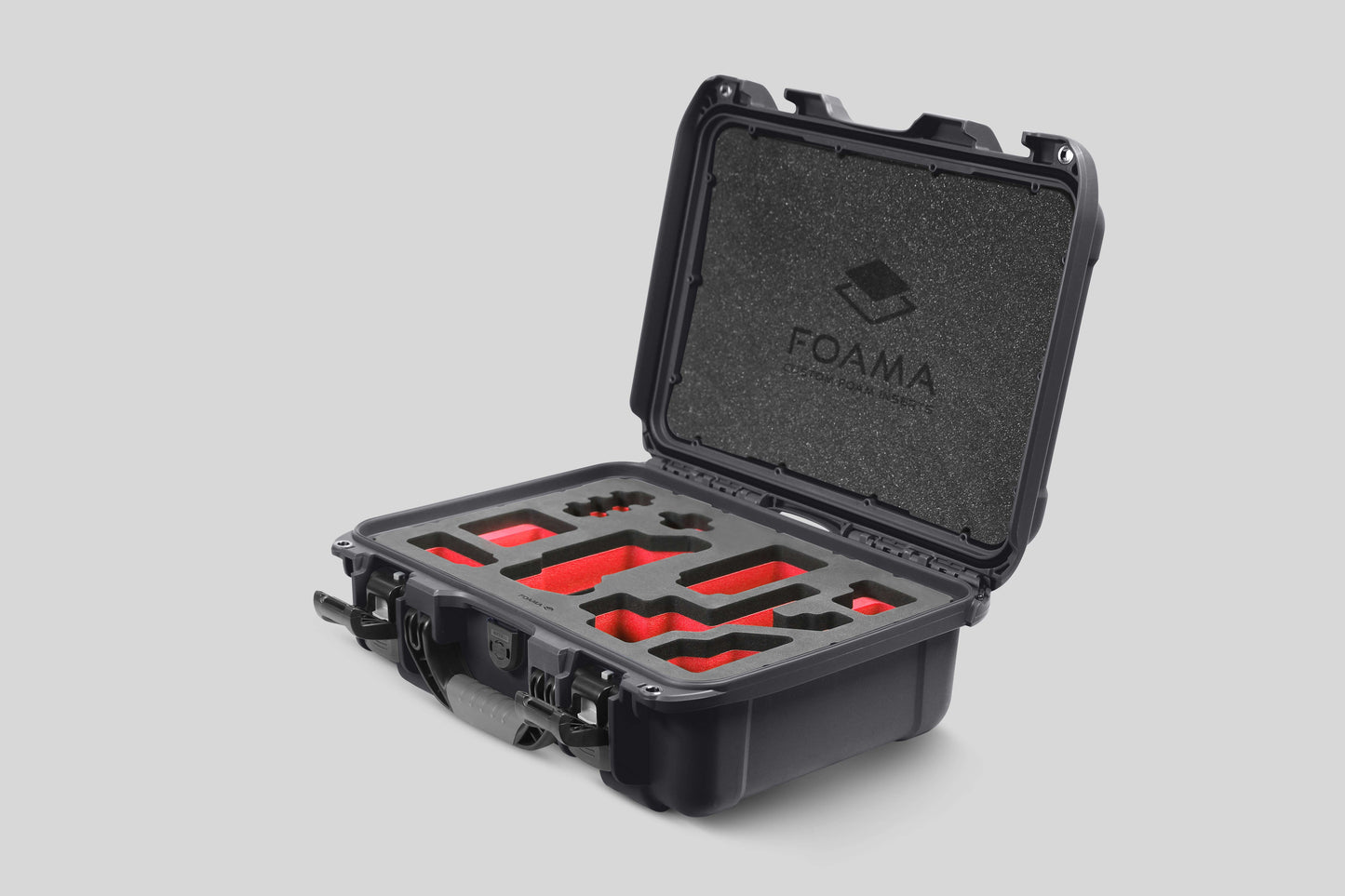 Angled view of Foama Graphite Color Carry-on case and Custom Foam Insert with Red Layer for Sony FX-3