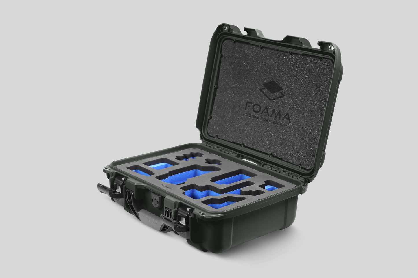 Angled view of Foama Olive Color Carry-on case and Custom Foam Insert with Blue Layer for Sony FX-3