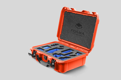 Angled view of Foama Orange Color Carry-on case and Custom Foam Insert with Blue Layer for Sony FX-3