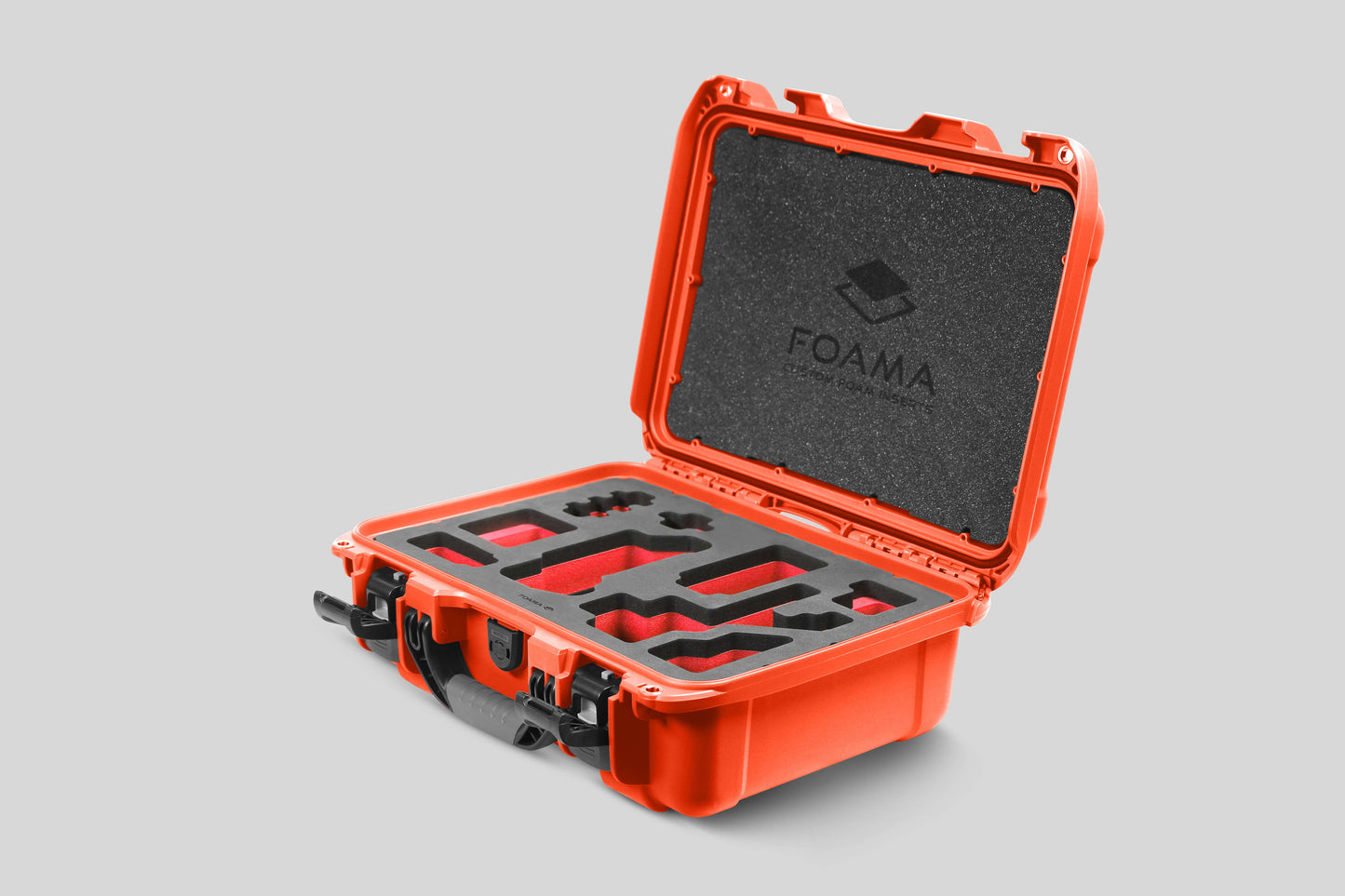 Angled view of Foama Orange Color Carry-on case and Custom Foam Insert with Red Layer for Sony FX-3