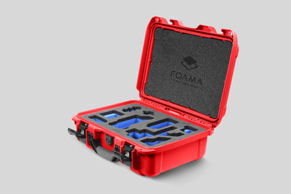 Angled view of Foama Red Color Carry-on case and Custom Foam Insert with Blue Layer for Sony FX-3