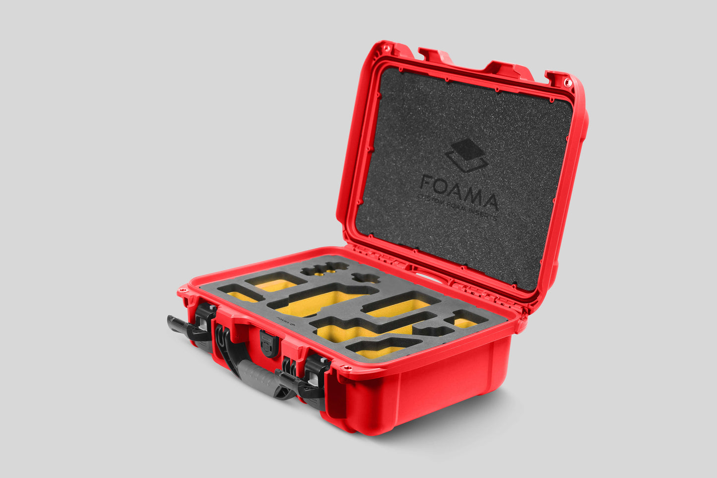 Angled view of Foama Red Color Carry-on case and Custom Foam Insert with Yellow Layer for Sony FX-3