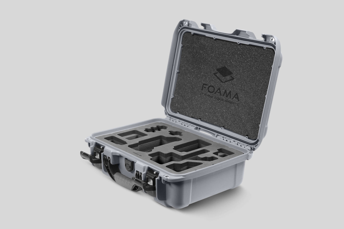Angled view of Foama Silver Color Carry-on case and Custom Foam Insert for Sony FX-3