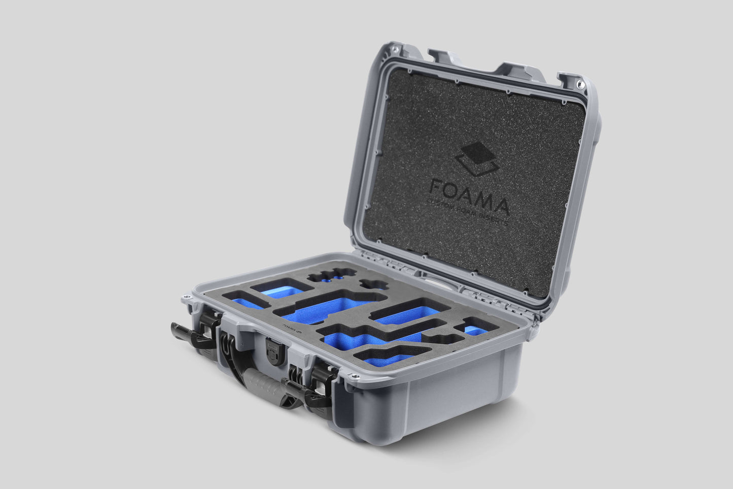 Angled view of Foama Silver Color Carry-on case and Custom Foam Insert with Blue Layer for Sony FX-3