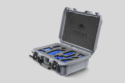 Angled view of Foama Silver Color Carry-on case and Custom Foam Insert with Blue Layer for Sony FX-3