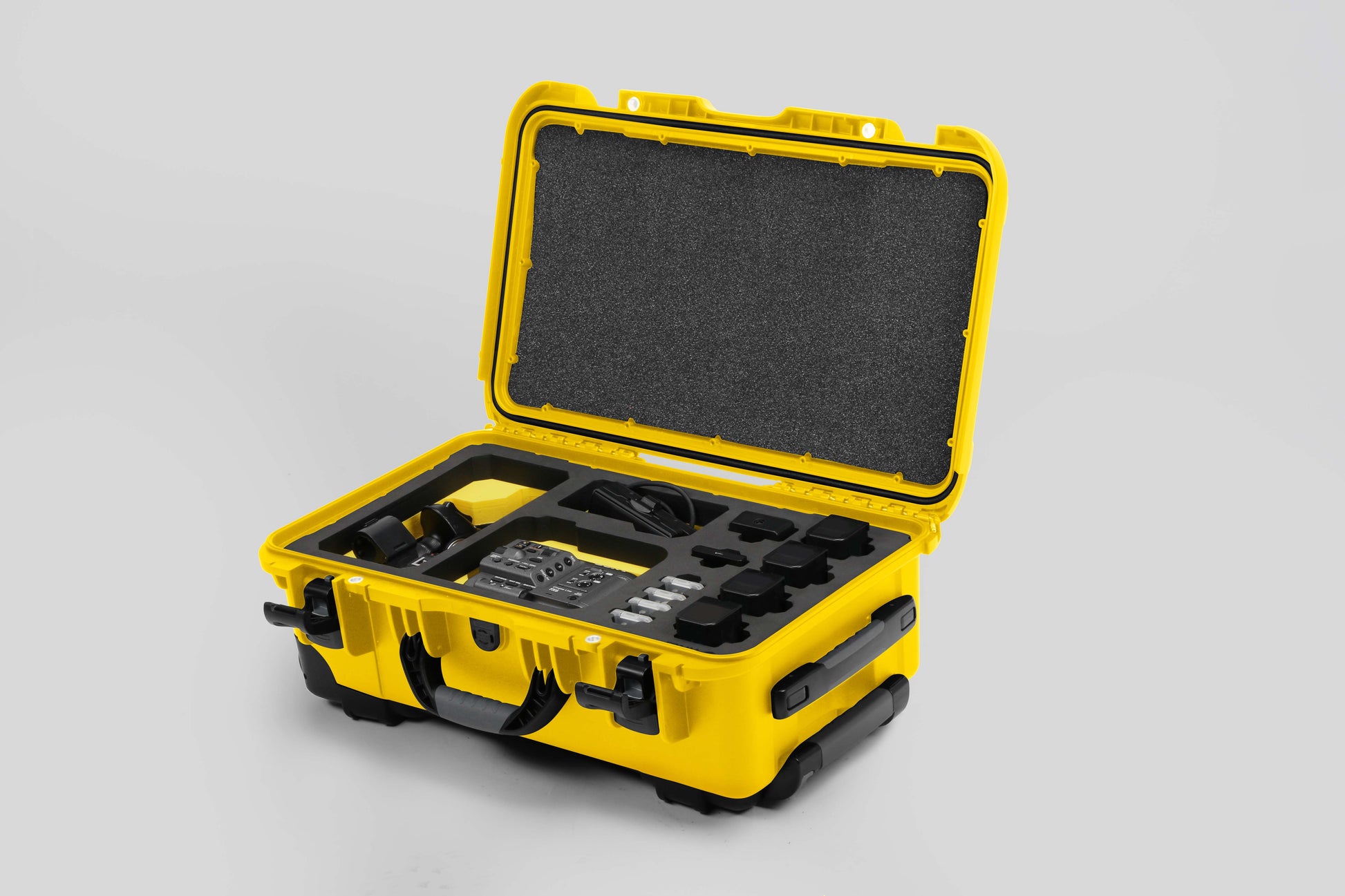 Angled view of Foama Yellow Color Carry-on case and Yellow Foam Insert for Sony FX-6 and Essential Accessories