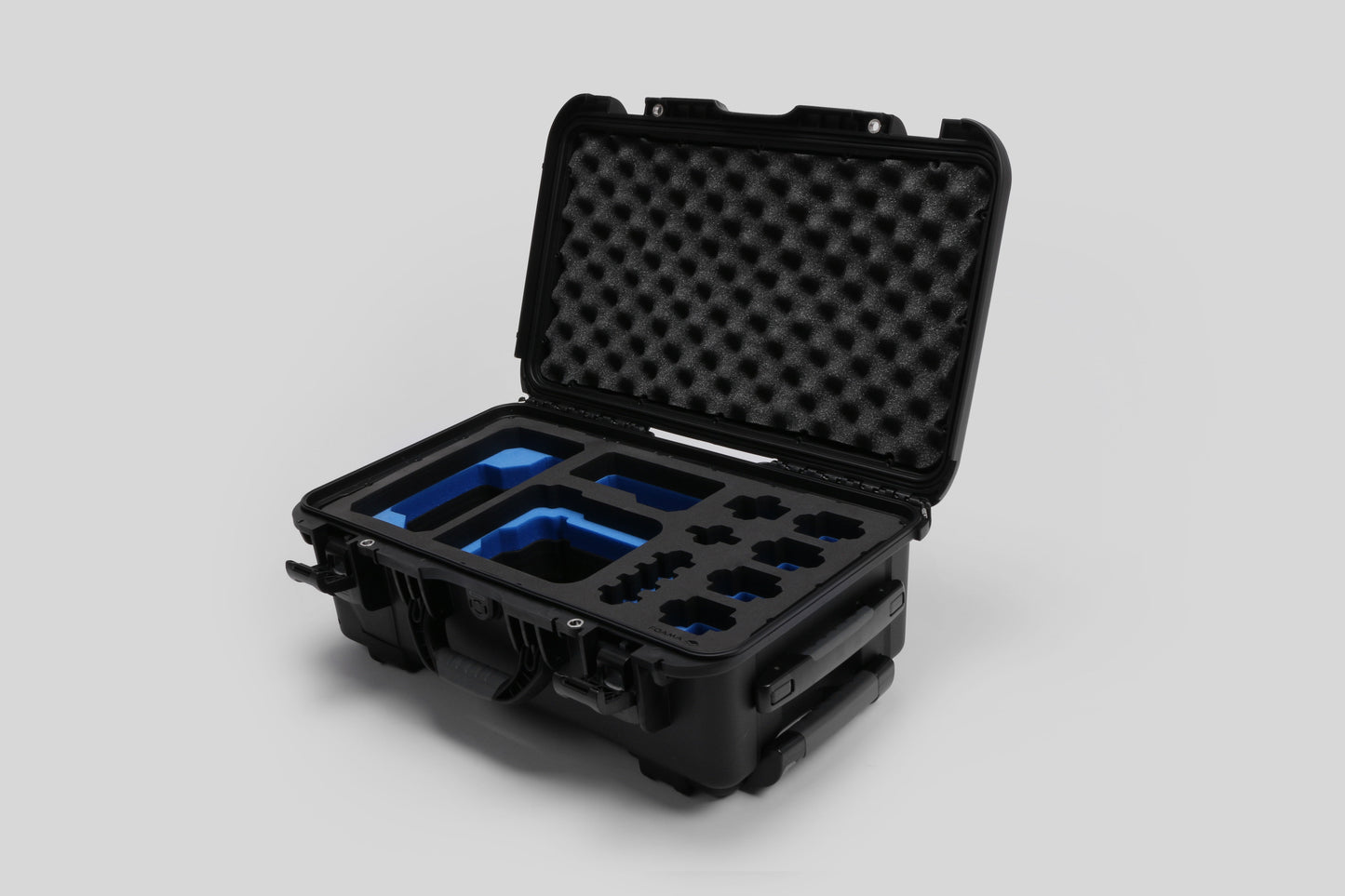 Angled view of Foama Black Color Carry-on case and Custom Foam Insert with Blue Layer for Sony FX-6