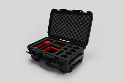 Angled view of Foama Black Color Carry-on case and Custom Foam Insert with Red Layer for Sony FX-6